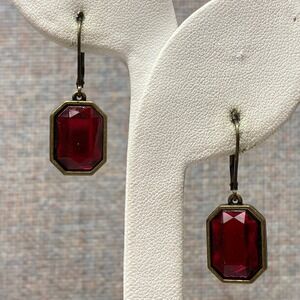 Signed NR Vintage Red Emerald Cut Leverback Dangle Earrings Antique Gold Tone